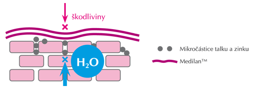 Popis obr.: Funkční systém Medilanu s mikročásticemi talku a zinku zabraňuje průniku škodlivin do hlubších vrstev kůže a zároveň zabraňuje ztrátám vody. To vše podporuje a urychluje hojení poškozené kůže.